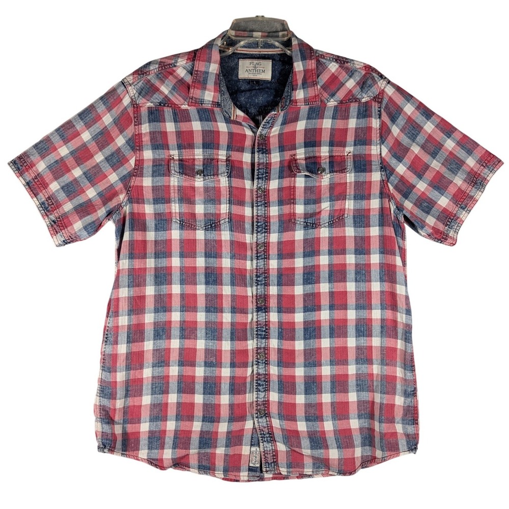 Flag & Anthem Men's L Western Pearl Snap Shirt Plaid Red White Blue Short Sleeve